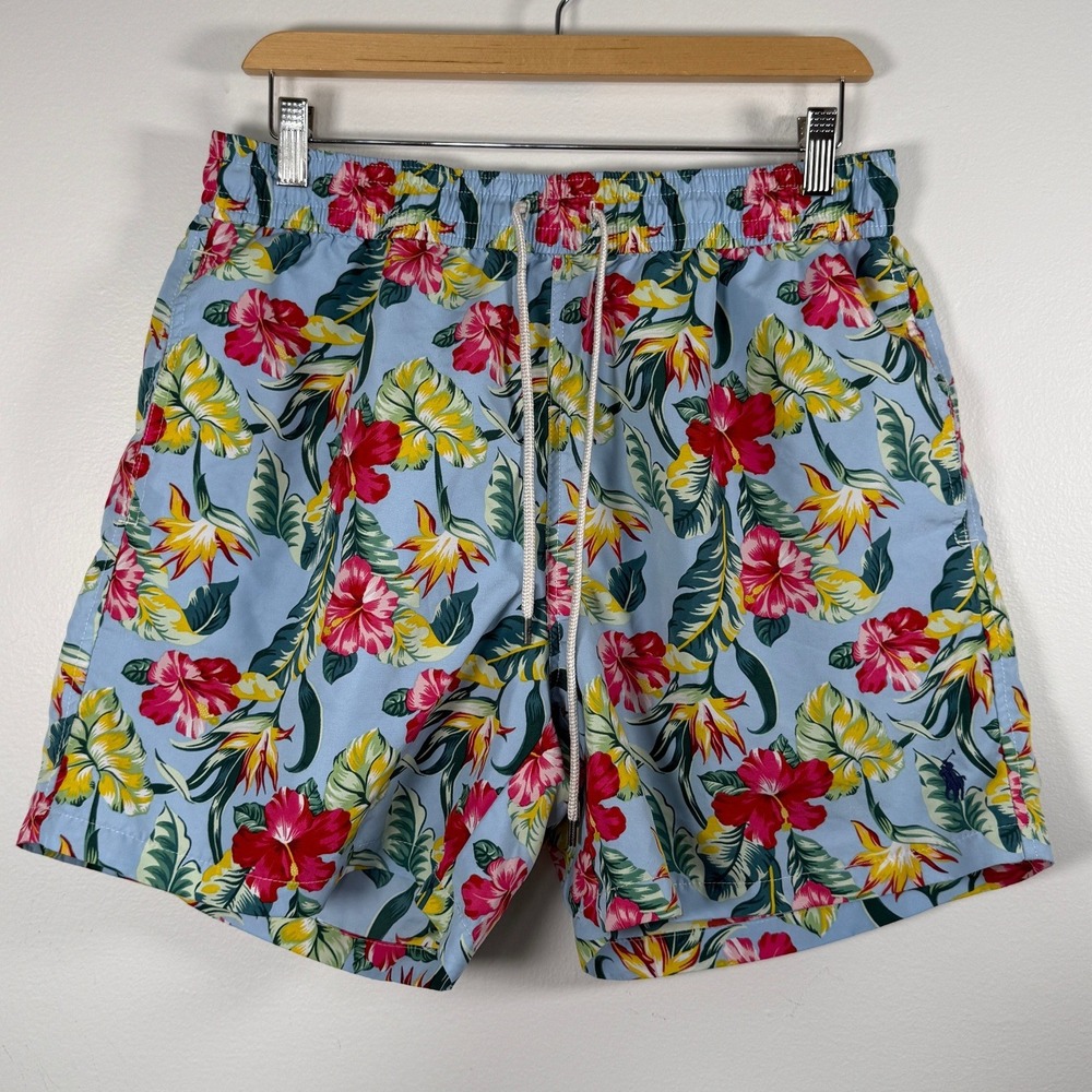 Polo Ralph Lauren Swim Trunks Mens Large Floral Hibiscus Blue Vaca EUC